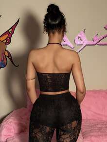 SHEIN DivaQ Áo hai dây cổ yếm ren jacquard màu đen gợi cảm dành cho nữ - màu đen - Xem 2