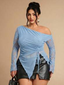 SHEIN BAE ملابس علوية نسائية كبيرة الحجم من الشبك مع فيونكة، أنيقة لحفلات الصيف والعطلات، مناسبة لعيد الحب وعيد الميلاد - أزرق فاتح اللون - مشاهدة 3