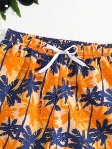 SHEIN Teen Boy Orange Navy Leaf Print Beach Shorts, Daddy And Me Matching (2 Pieces Sold Separately) - Multicolor - View 5