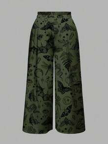 ROMWE Goth Pantalones anchos de pierna ancha con estampado de calavera, murciélago, polilla, verde y negro, serpiente y estrella de estilo gótico, horror y bosque oscuro, de talla grande y estampado total - Verde - Ver 2