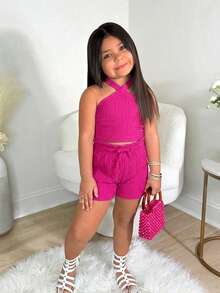 Young Girl Vacation Fuchsia Texture Halter Top And Shorts Set - Hot Pink - View 1