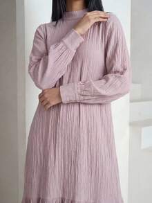 Veilorie 女士纯色立领荷叶边下摆优雅长袖连衣裙 - 紫丁香色 - 查看 8