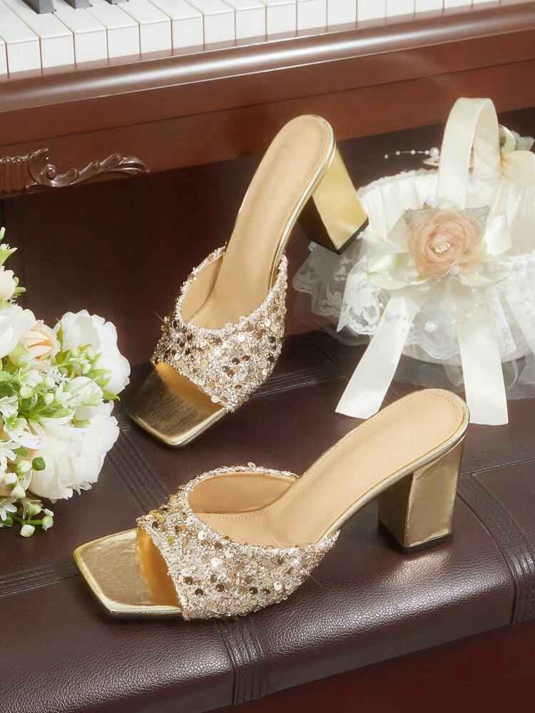 CUCCOO HITCHD Women Shoes Women Sequins Square Toe Temperament Nightclub Sexy Banquet High Heel Sandals