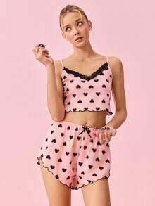Bonmuse Lace Panel Heart Print Cami Pajama Set - Baby Pink - View 7
