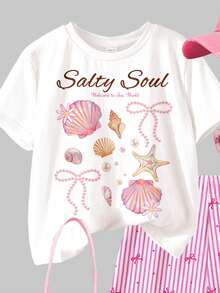 SHEIN Bộ đồ 2 món cho bé gái gồm áo thun ngắn tay cổ tròn in chữ và vỏ sò, kiểu dáng tối giản, phù hợp cho mặc hàng ngày mùa xuân/hè, phong cách đường phố, đi nghỉ mát, đi nông trại, lễ hội. - Nhiều màu - Xem 4