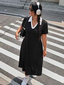 Muchica Plus Size Contrast Trim Casual Daily Short Sleeve Dress, Spring/Summer - Black - View 4
