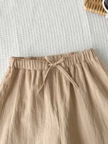SHEIN Tween Girls Casual Comfortable Mid-Waist Straight Leg Pants, Khaki - Camel - View 4
