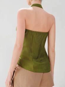 Aveloria Modichic Elegant Tropical Olive Green Summer Vacation Halter Neck Sleeveless Ruched Minimalist Backless Fitted Blouse,Holiday Leisure Dinner Date - Army Green - View 2