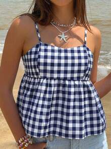 Sundraya Nuovo arrivo, top canotta casual e dolce in stile francese a quadri senza maniche per donne - Blu Navy - Visualizzare 4