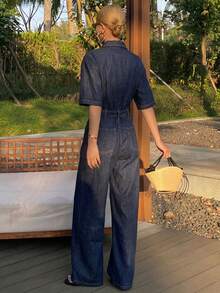 DAZY Bộ jumpsuit denim nữ tay ngắn cổ ve lật, eo thon, ống rộng, dáng suông, phong cách thường ngày. - Rửa tối - Xem 4