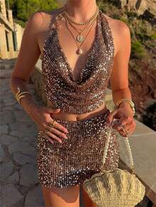 Aloruh 女士优雅系带垂褶领亮片刺绣低腰半身裙，两件套，适合派对、聚会、海滩度假 - 卡其色 - 查看 2