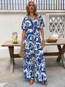 SHEIN Clasi Tropical Fruit Floral Print Shirt Pants Set, Suitable For Everyday Wear, Vacation Outfits Women Beach White Summer - Blue - View 4