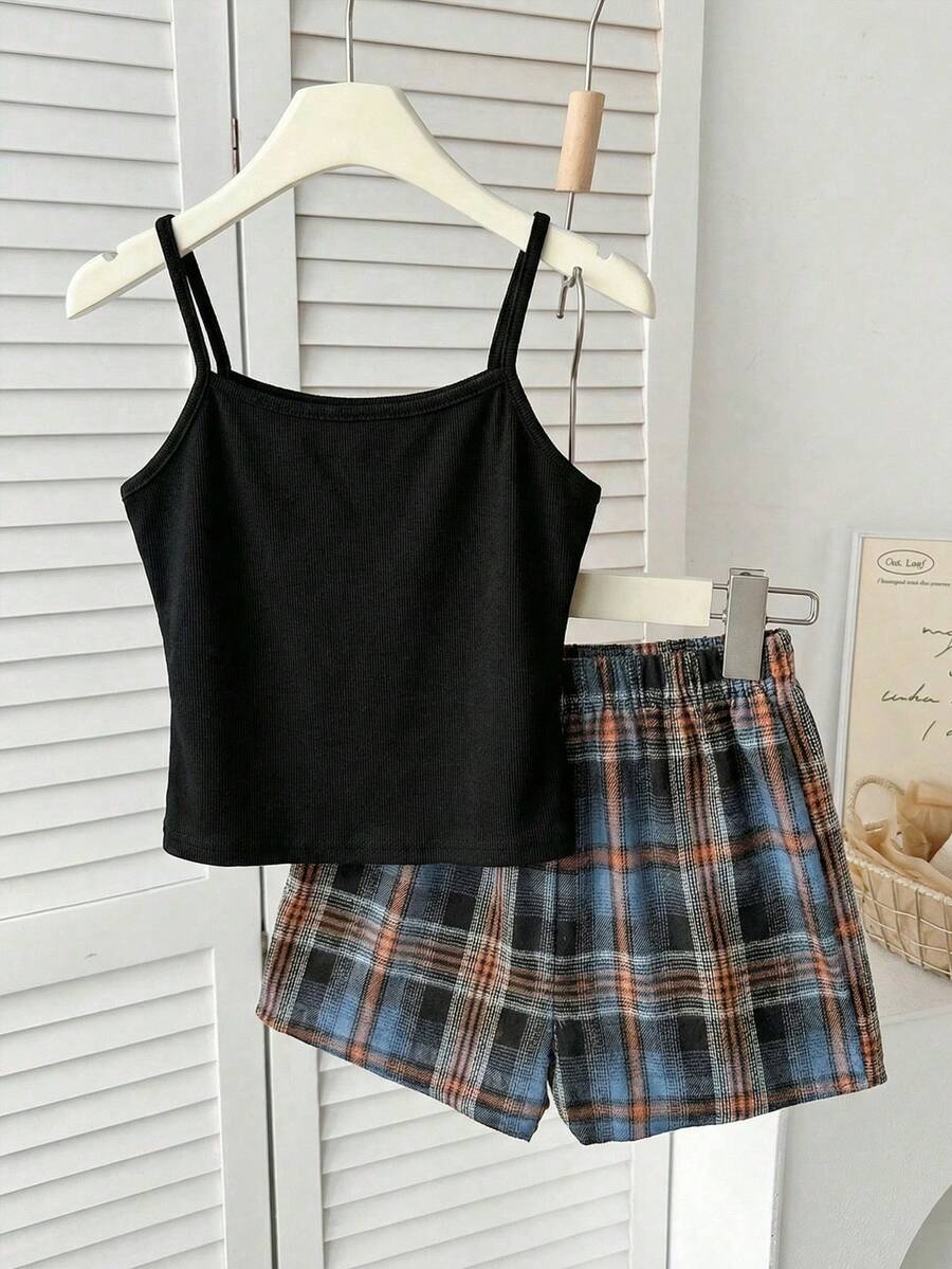 SHEIN Tween Girl Casual Ribbed Camisole & Plaid Shorts 2 Pieces Pajama Set, Comfortable Loungewear - Black - View 1