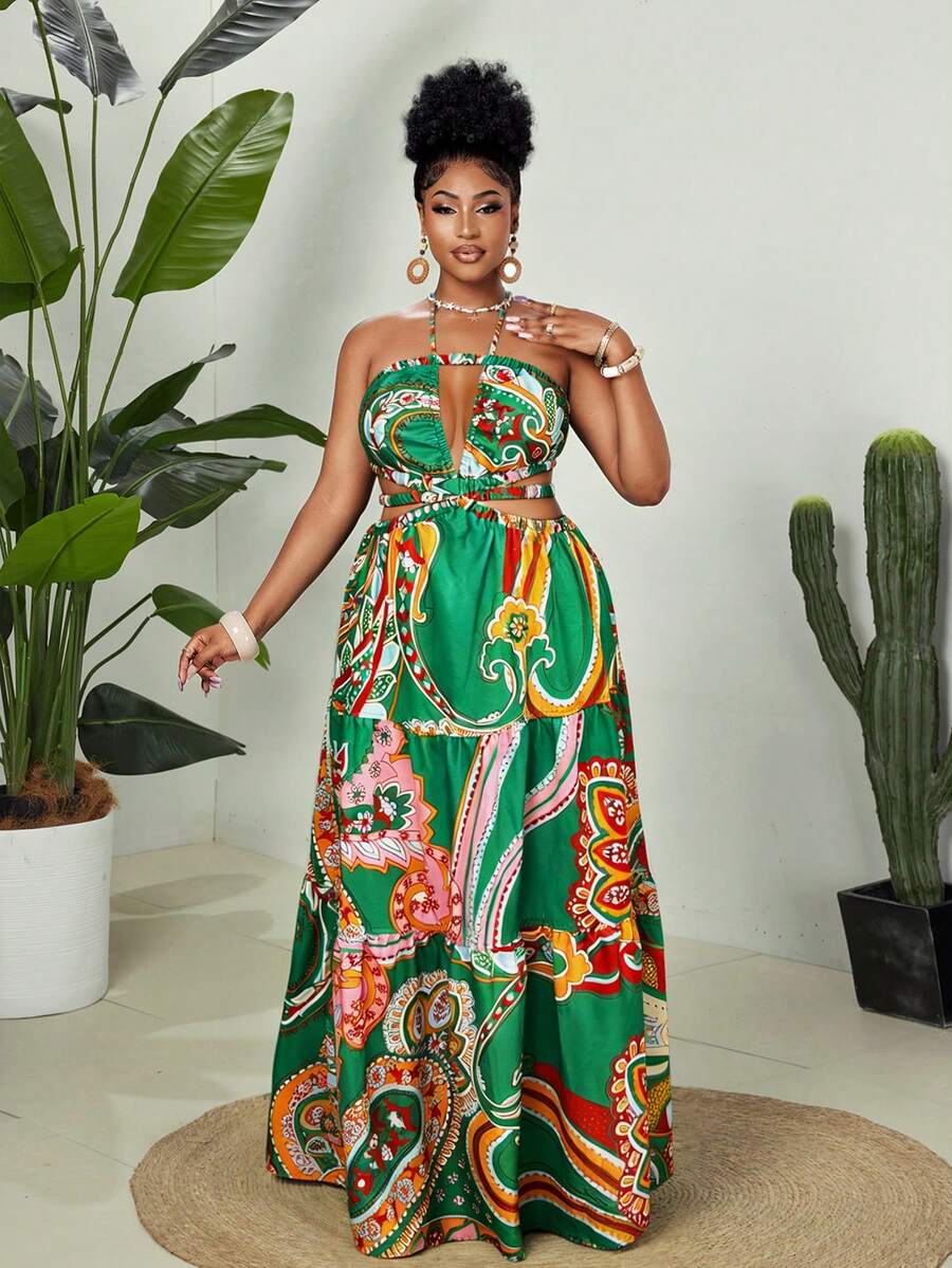 Maweii Plus Size Summer Vacation Beach Sexy Cashew Flower Strapless Dress - Multicolor - View 1