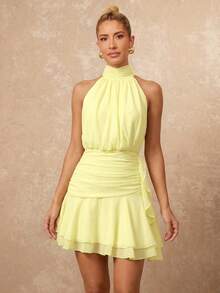 Lumalex 女士优雅露背系带褶皱腰身多层下摆纯色连衣裙，适合夏季约会 - 鵝黃色 - 查看 8