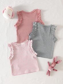 SHEIN Vintaside Kids 3pcs/Set Baby Girls' Summer Casual Cute Sweet Comfortable Elastic Tops, Including Solid Pink, Apricot, And Striped Ruffle Sleeve Vest, Suitable For Vacation, And Daily Wear - Multicolor - View 2