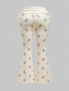 ROMWE J-Fashion 可爱鹿刺绣蕾丝上衣搭配鹿印花喇叭裤 - 杏色 - 查看 4