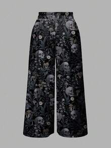 ROMWE Goth Pantalones de talla grande para mujer con estampado de calavera gótica oscura, bruja y hojas misteriosas - Negro - Ver 2