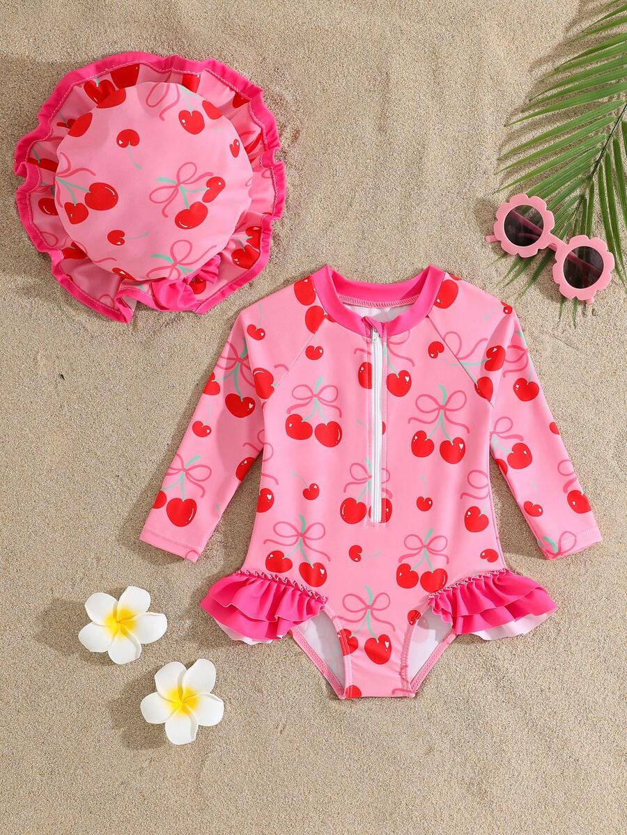 SHEIN Vintaside Kids 女婴可爱红白樱桃印花荷叶边长袖连体泳衣，带帽子，弹力舒适，适合夏季游泳
