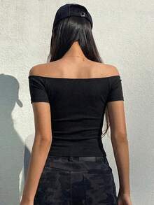 DAZY Summer Casual Solid Color Off-Shoulder T-Shirt Halter Top - Black - View 5