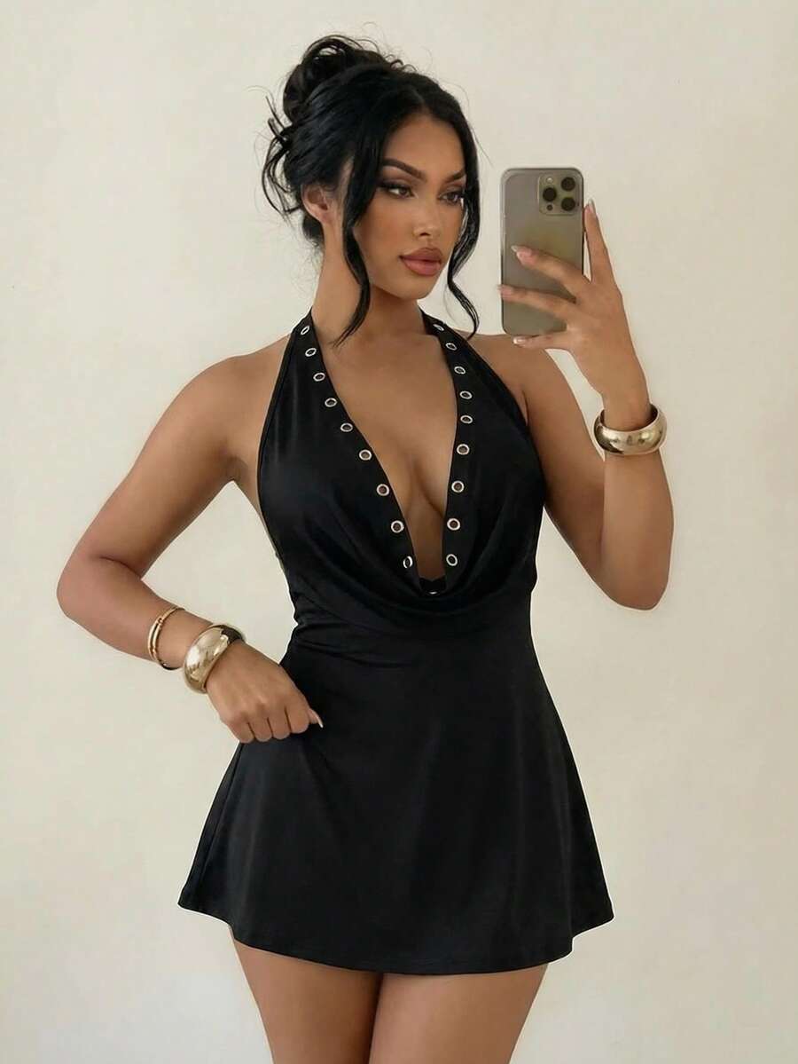 Sirith 女士性感露背垂褶领镂空摆裙 - 黑色 - 查看 1