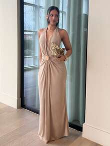 LHSEPT 金属度假海滩音乐节露背优雅深 V 弹力漂亮女式连衣裙 - 杏色 - 查看 5