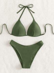 Swim Basics Set Bikini Wanita Model Halter Neck dengan Tali Pengikat, Gaya Cup Keras, Untuk Pantai & Tepi Laut - Hijau Tentara - View 4