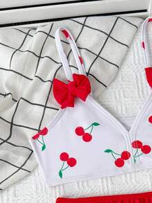 Bộ đồ bơi cho bé gái (cỡ nhỏ), màu đỏ họa tiết quả anh đào dễ thương với thiết kế nơ xếp ly ở eo, thích hợp cho bãi biển, kỳ nghỉ và hồ bơi. - Nhiều màu - Xem 5