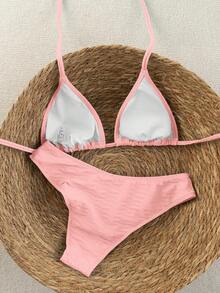 Swim Mod Bộ bikini 2 mảnh dành cho nữ, màu đen, họa tiết chấm bi trắng ngẫu nhiên, kiểu dáng ngọt ngào, dễ thương, cổ yếm, cạp cao, thích hợp cho mùa Xuân/Hè 2026. - Hồng - Xem 2