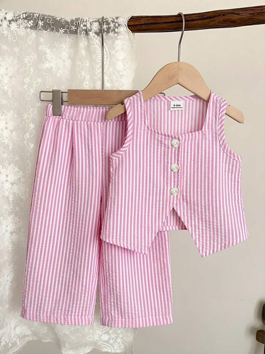 LMoss Kids 女婴无袖条纹休闲舒适背心套装,夏季 - 粉色 - 查看 1