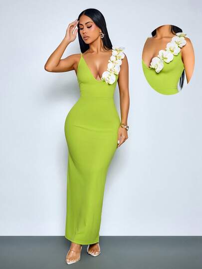 SOLERSUN Spring And Summer Women's Elegant Party, Gathering, Date, Afternoon Tea, Music Festival, Everyday Activities, Wedding Season, Back-To-School Season Sleeveless Slim-Fit Long Dress, 3D Floral Embellishments, Summer Set, Extra Long Dress