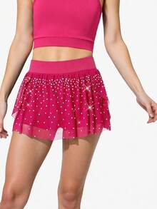 Tween Girls Mesh Rhinestone Fashionable Skirt, Magenta Yoga, Gymnastics Outfit With Sports Skirt - Hot Pink - View 4