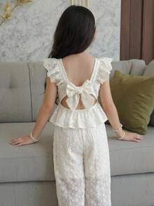 SHEIN Set Atasan Tanpa Lengan Lengan Bergelombang Bordir Putih untuk Anak Perempuan, Lapisan Nyaman, Cocok untuk Anak Perempuan di Musim Semi, Musim Panas, dan Musim Gugur, Desain Pita Besar di Bagian Belakang. - Putih - View 4