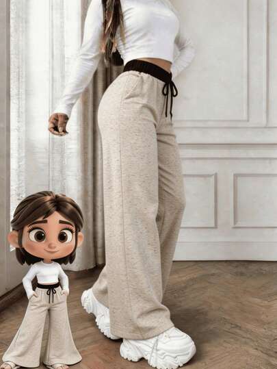 Pantalón de pierna ancha para mujer, casual y elegante. Sin bolsillos, apto para cualquier temporada del año. Ajuste de cintura natural con resorte y cordón  ajustable para mayor comodidad. Tela de poliéster y spandex. Textura lisa y colores sólidos sin estampados. Interior muy suave, fresco y cómodo, ideal para el uso diario.