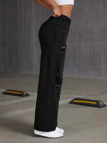 SHEIN PETITE Jeans rectos de mujer con lavado desgastado y efecto desgastado - Negro - Ver 3