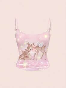 ROMWE Kawaii Áo camisole ôm dáng dễ thương hình hươu và nàng tiên cỡ lớn - Hồng - Xem 1