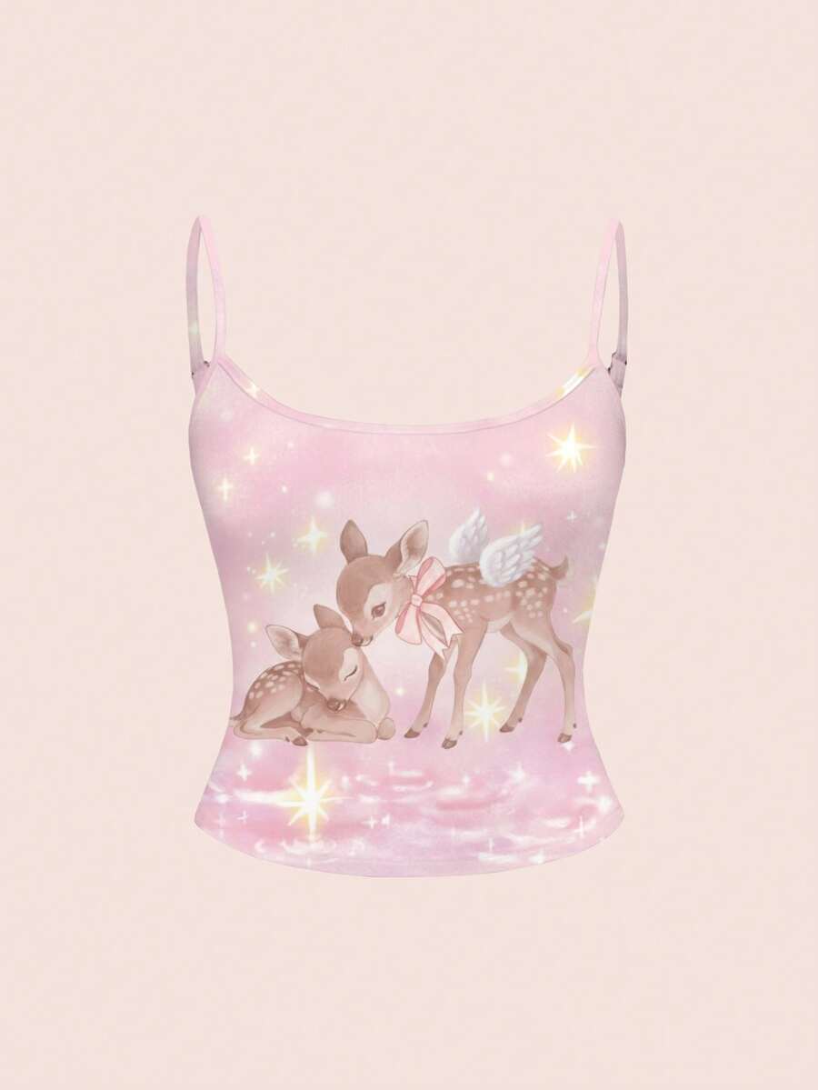 ROMWE Kawaii Áo camisole ôm dáng dễ thương hình hươu và nàng tiên cỡ lớn - Hồng - Xem 1