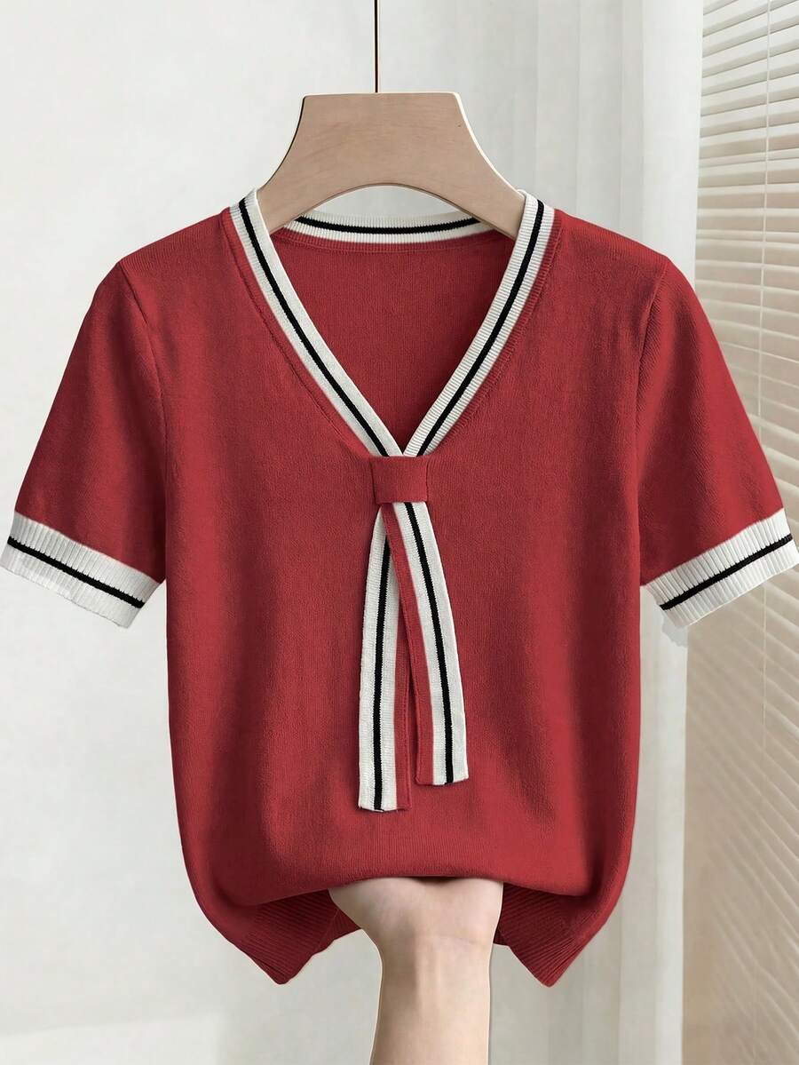 EMERY ROSE Women's Casual Everyday/Work Commute Contrast Stripe Pattern Twist Collar Short Sleeve Knit Top, Summer - Multicolor - View 1