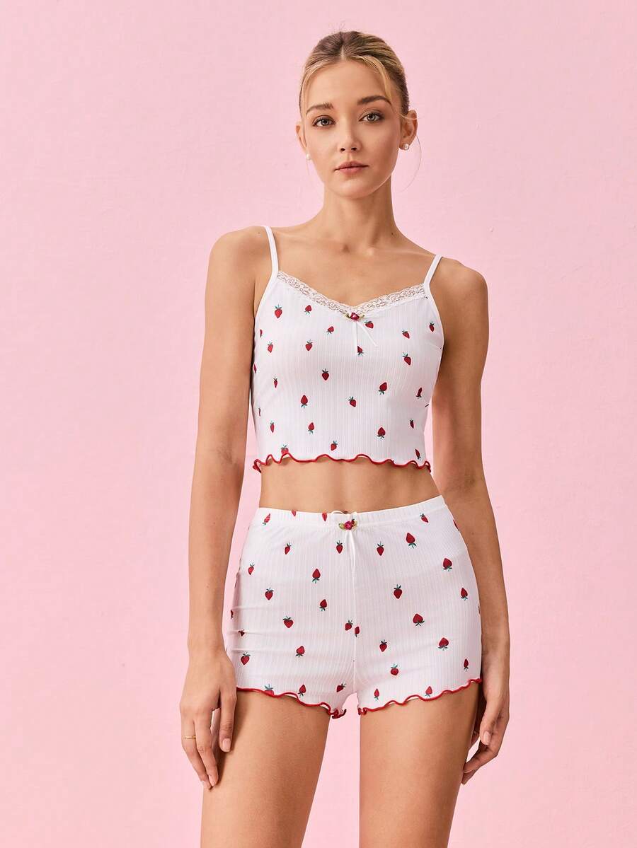 Bonmuse Strawberry Print Lace Trim PJ Set / Pajama Set White Setfor Summer - White - View 1