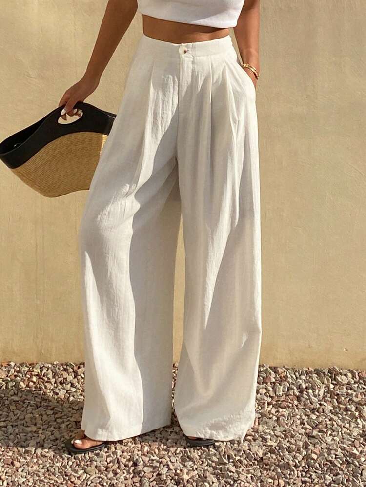 Women's Solid Color Loose Pleated Wide Leg Pants, Elegant Resort Wear For Summer