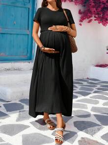 SHEIN Maternity Casual Solid Color Short Sleeve Dress - Black - View 3