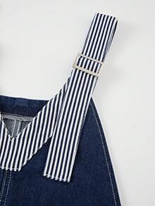 Mono de mezclilla con diseño de tirantes de hombro a rayas y patchwork para mujer - Azul - Ver 7
