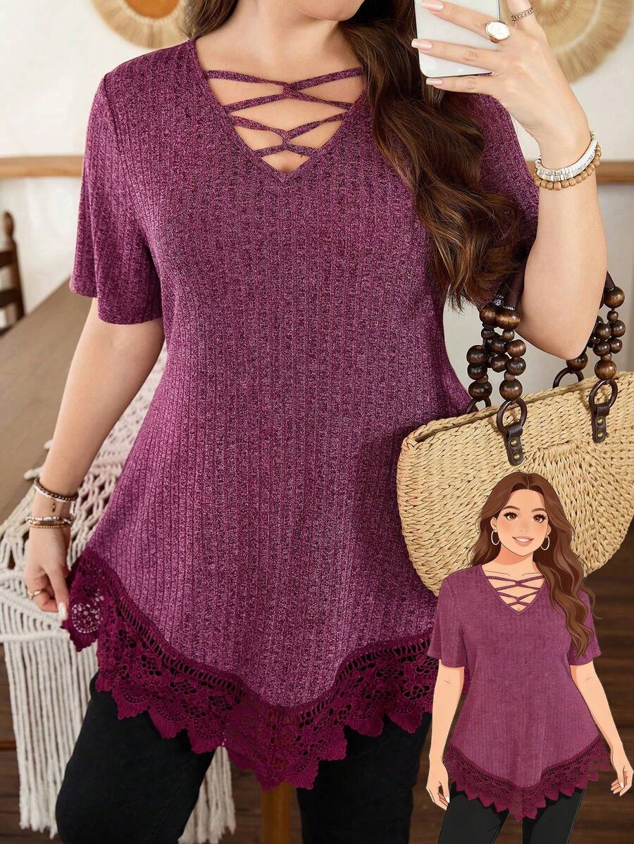 Lacomfia Women's V-Neck Short Sleeve Fitted Asymmetrical Hem Lace Patchwork Versatile Elegant Plus Size T-Shirt - Burgundy - View 1