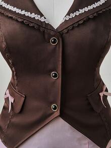 Sunspun Áo vest nữ cỡ lớn cài một hàng khuy trang trí nơ - màu nâu - Xem 4