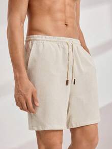 Driftmere Herren Loose Fit Shorts in Unifarbe mit schräger Tasche und Kordelzug Taille - Beige - Übersicht 1