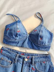 Comfortcana Bộ đồ nữ gồm áo hai dây in hình quả anh đào dễ thương và quần short denim có túi, thích hợp cho du lịch. - Rửa nhẹ - Xem 5
