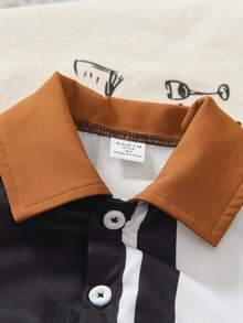 SHEIN Bộ đồ hè 2026 cho bé trai, chất liệu mềm mại, co giãn, thời trang mới, trang phục cần thiết cho kỳ nghỉ hè, du lịch. 1 bộ: Áo sơ mi ngắn tay in kỹ thuật số phối màu kẻ sọc với thiết kế cổ áo đơn giản và quần dài màu nâu trơn, thích hợp cho mặc hàng ngày, đi học, du lịch và vui chơi giải trí vào mùa xuân và mùa hè. Kỳ nghỉ, du lịch, thư giãn, tắm nắng, mùa hè. - Nhiều màu - Xem 5