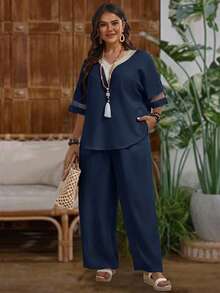 EMERY ROSE Plus Size Vacation Casual Mesh Patchwork Shirt And Pants 2 Pieces Set - Navy Blue - View 4