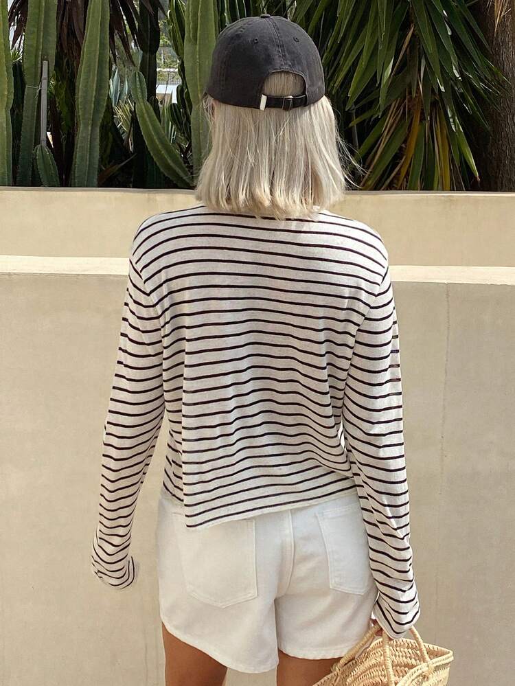 Women's Striped Crew Neck Long Sleeve Knit Top, Suitable For Summer Vacation