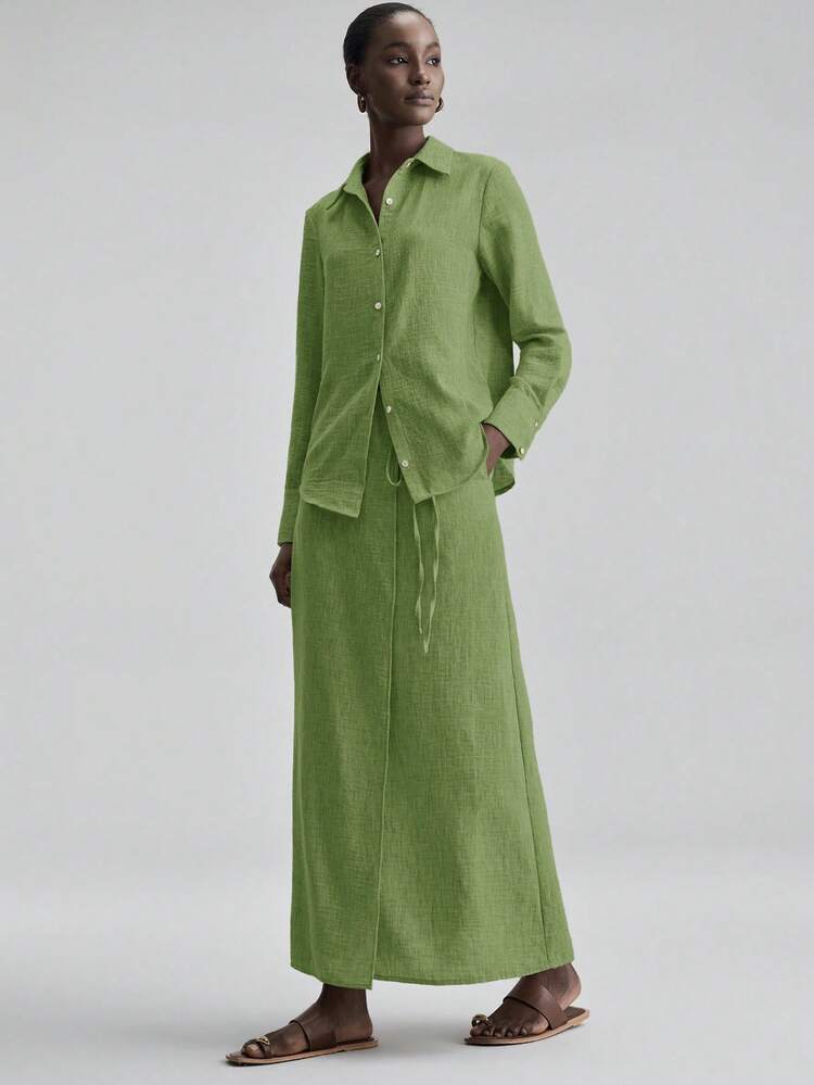 2026SS New Woven Fabric 2 Pieces Set, Button Design Shirt And Side Tie Waist Skirt, Suitable For Valentine's Day, Wedding Season, Independence Day, Urban Chic, Minimalist Fashion, Commute, Valentine's Day, Wedding, Wedding Guest Attire, Holiday Outfit, Romantic Valentine's Day, Design Elements, Elegant, Teacher's Day Outfit, Tea Party, Party Wear, Casual Loose Daily Women's Bestseller Solid Color, Office Outfit, Holiday Wear, Back To School Light Vacation Style, Daily Wear, Women's Spring Summer Casual, Fashion Versatile 2 Pieces Set